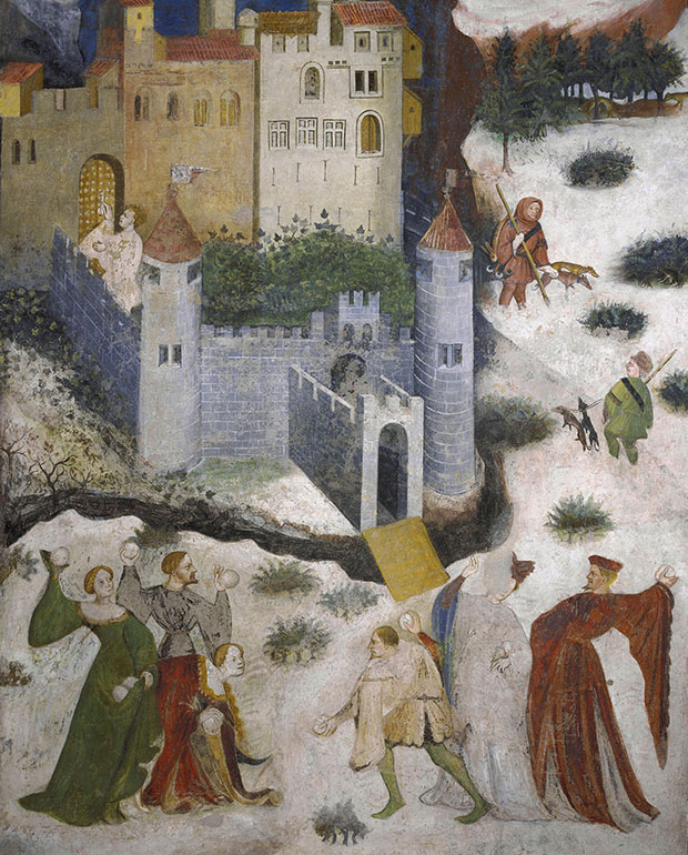 Maestro Venceslao, Ciclo dei Mesi. Gennaio (fine XIV-inizio XV secolo), affresco. Trento, Castello del Buonconsiglio, Torre dell’Aquila